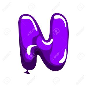 Cartoon letter N in shape of purple air balloon. English alphabet font for kids education. ABC concept. Flat vector design for promo banner, flyer or poster