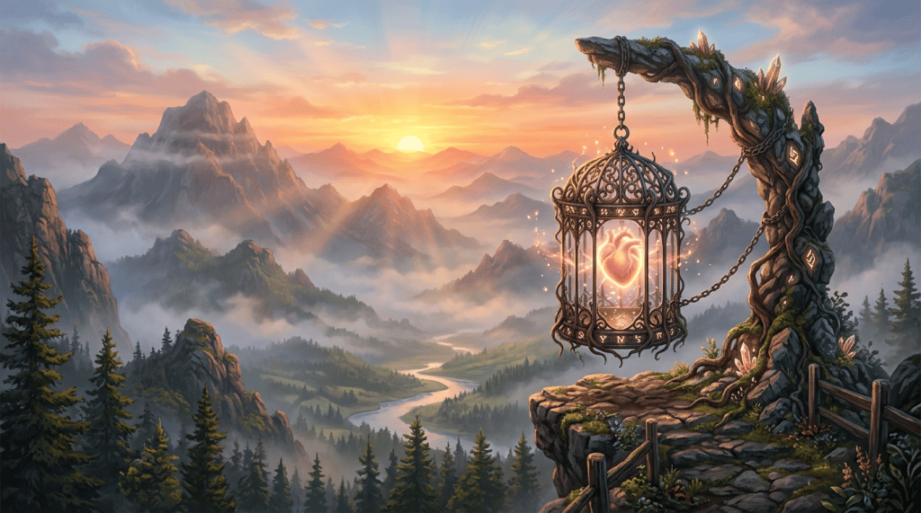 Ornate lantern with glowing heart suspended from twisted tree above mountain valley at sunset