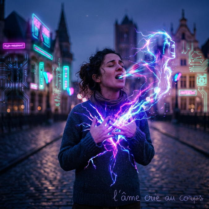 Woman singing with glowing heart in city square; text reads “l’âme crie au cœur”