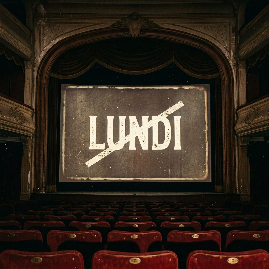 Vintage theater screen displaying the word LUNDI above rows of red seats