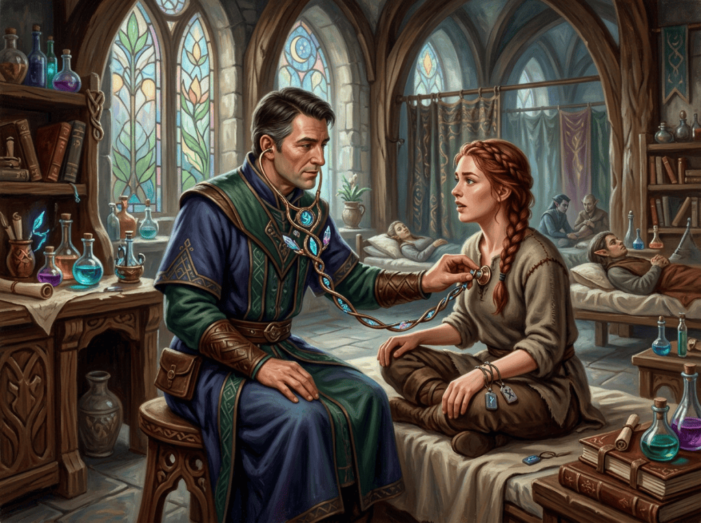Fantasy healer examines a woman in a stained-glass infirmary