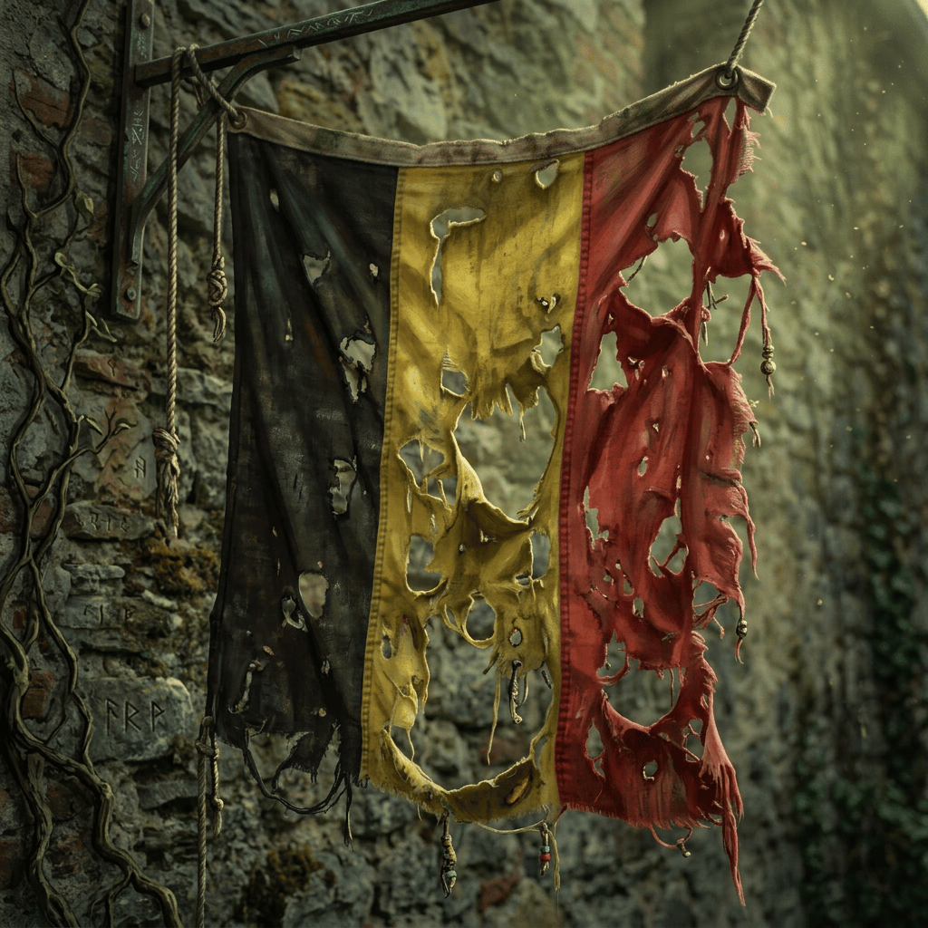 Tattered black, yellow, and red banner hanging against a weathered stone wall